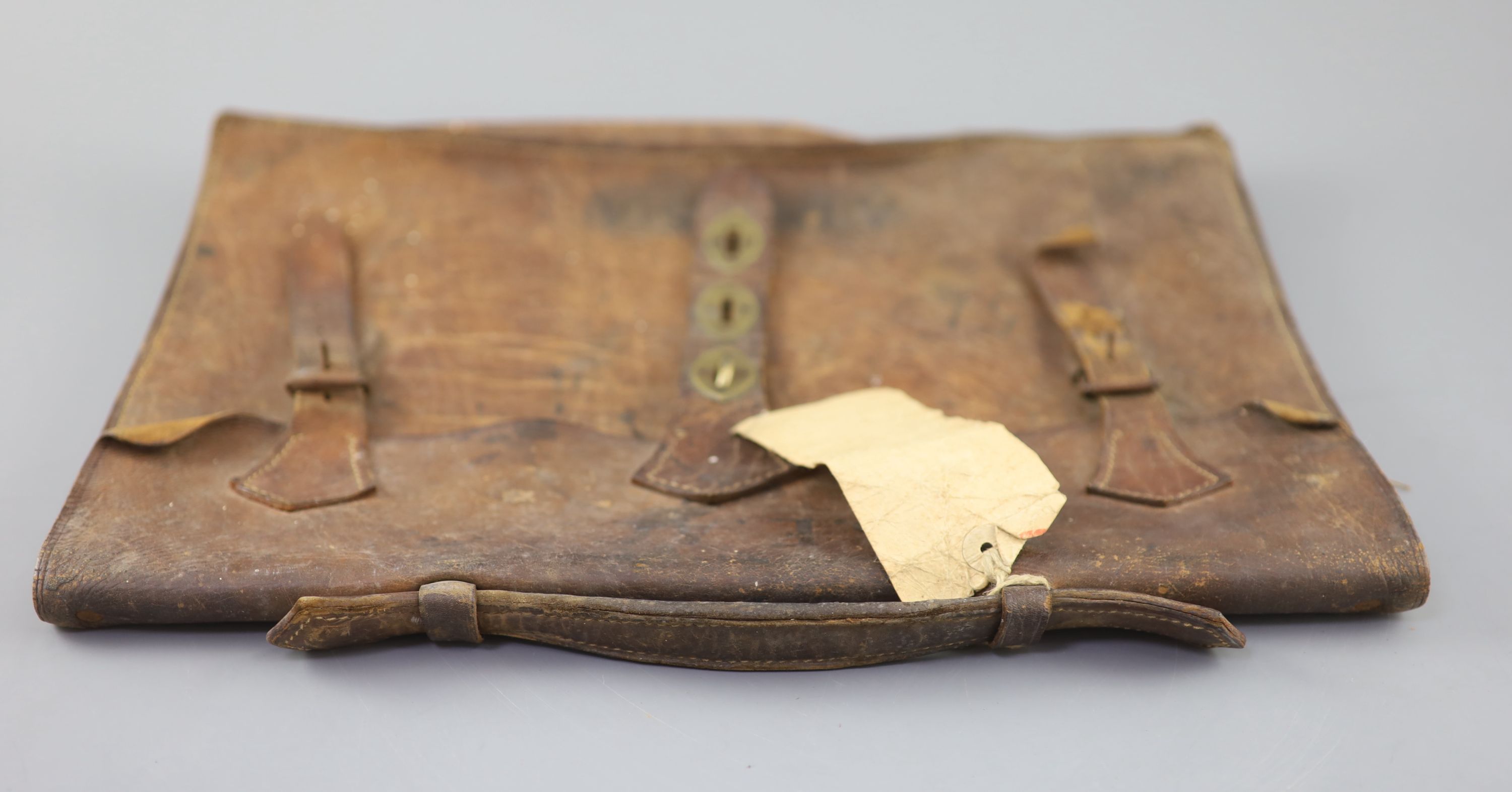 A leather attache case allocated to a member of Lord Mountbattens staff in India / South East Asia c.1943-1947 30 x 40cm.